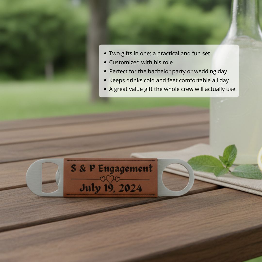 Wooden bottle opener with metal handles engraved with sample text "S & P Engagement" and "July 19, 2024" with decorative heart motifs, displayed on outdoor wooden table