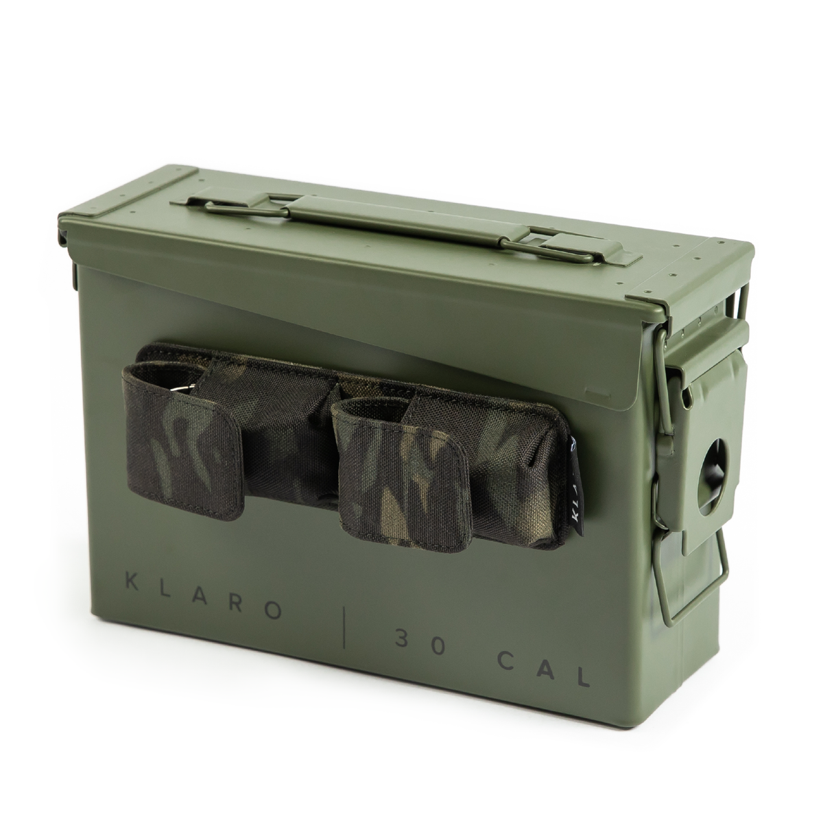 30 Cal ammo can cigar humidor with Spanish cedar tray and magnetic accessory holder – rugged military-inspired design.
