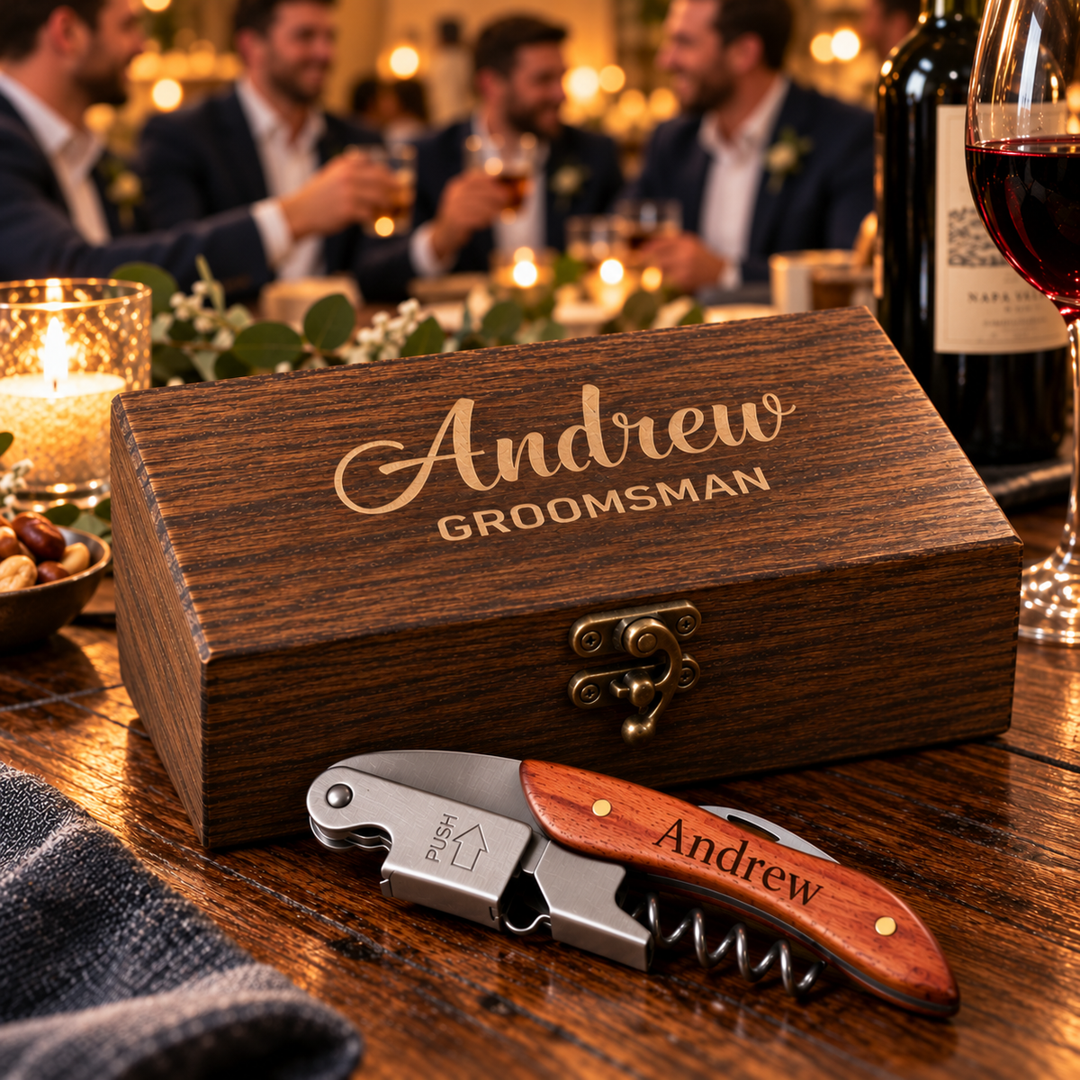A personalized wooden gift box engraved with 'Andrew Groomsman' sits on a restaurant table, with a matching engraved corkscrew in front. The scene is warmly lit with blurred dinner guests in the background.