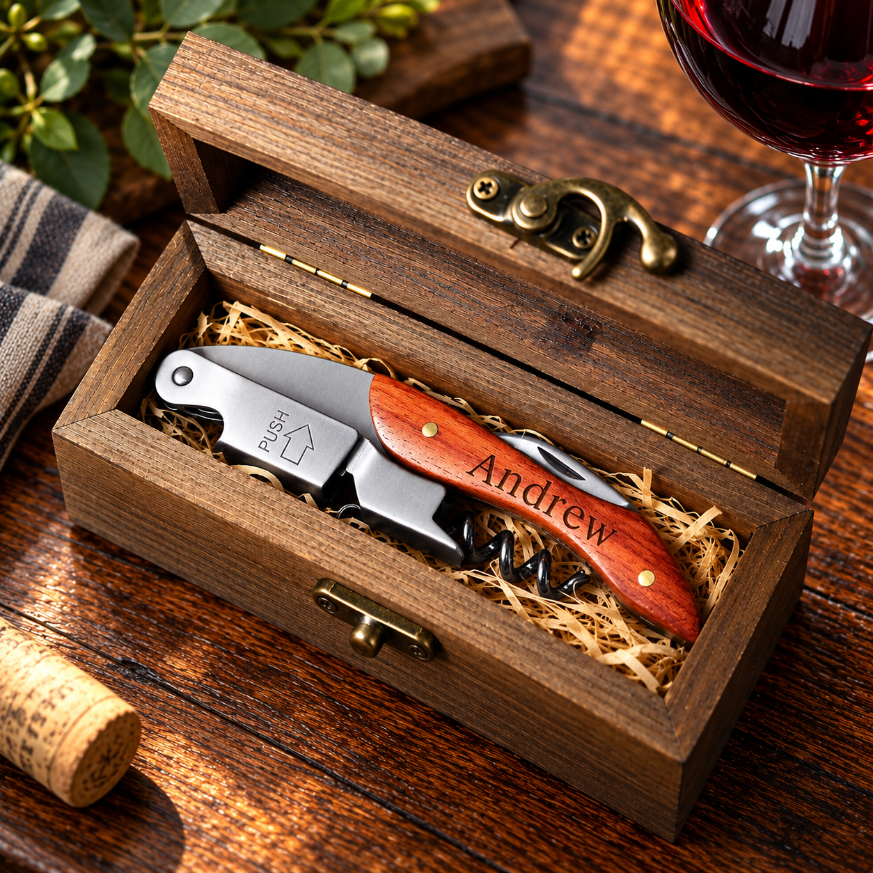 A personalized corkscrew tool with a silver blade and a reddish-brown wooden handle engraved with the name 'Andrew', presented in an open wooden gift box with brass hardware, set on a rustic wooden table with a wine glass and cork nearby.