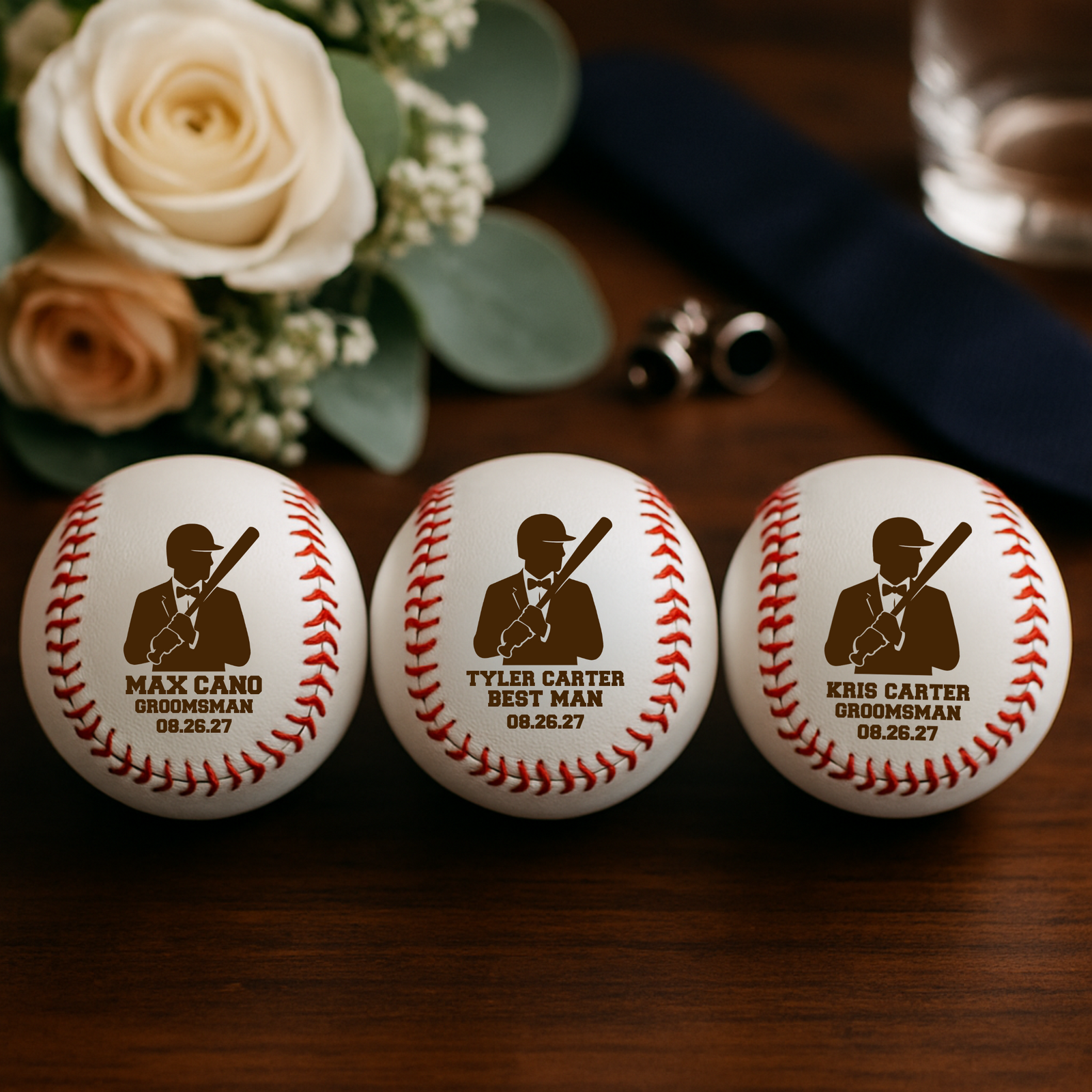 Personalized groomsmen baseball with name, tuxedo player graphic, and wedding date
