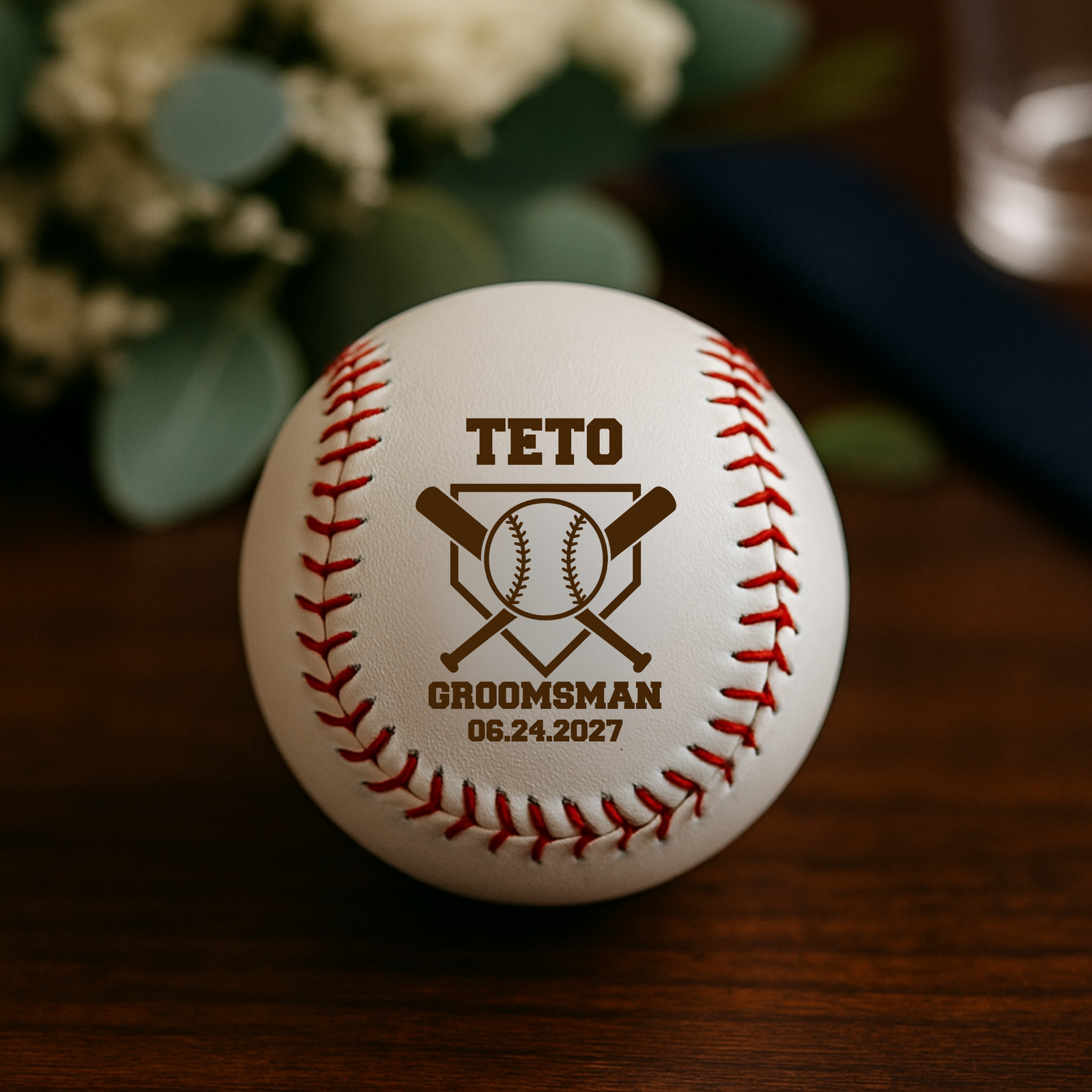 Personalized groomsmen proposal baseball with crossed bats, name, role, and wedding date