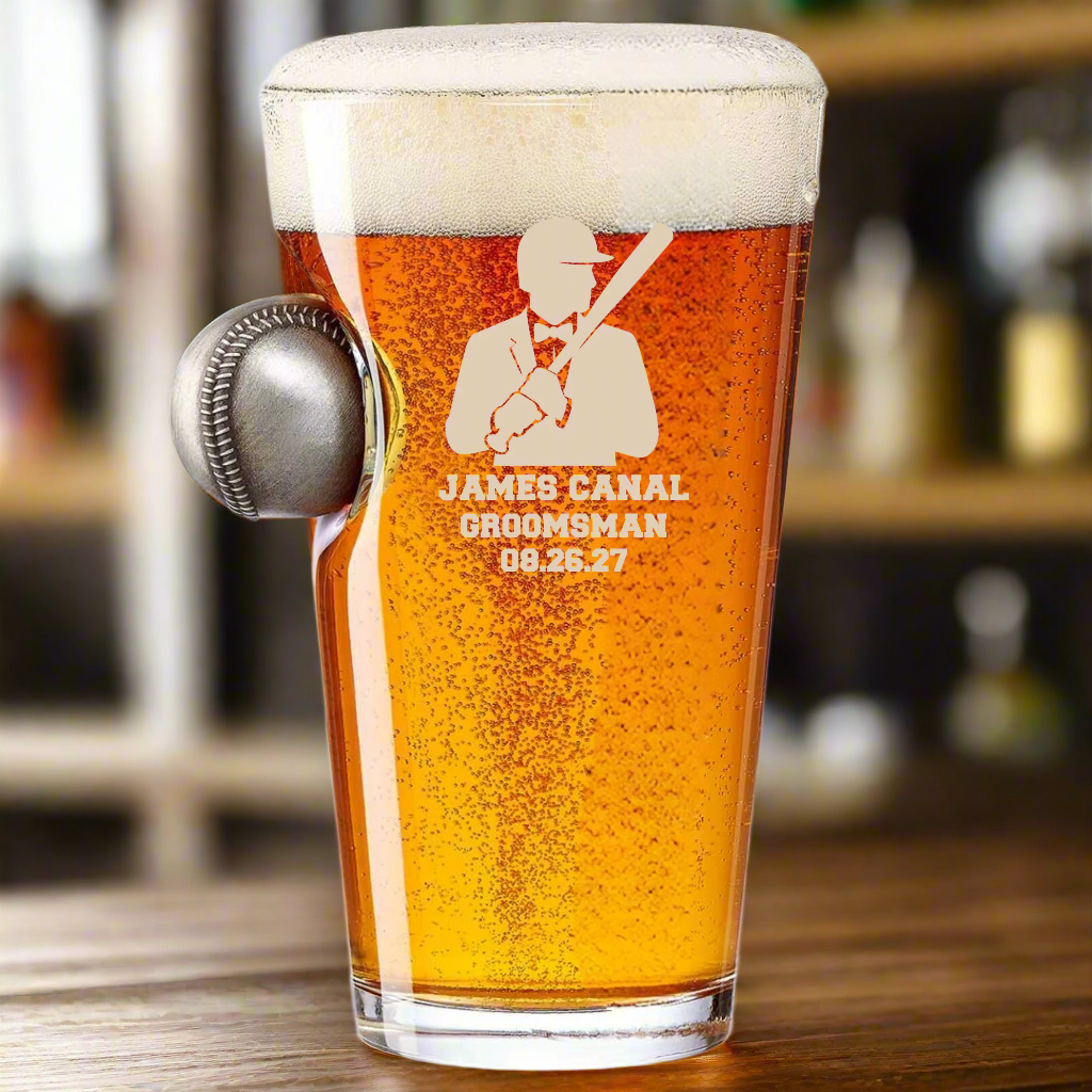 Pint glass with beer and personalized engraving