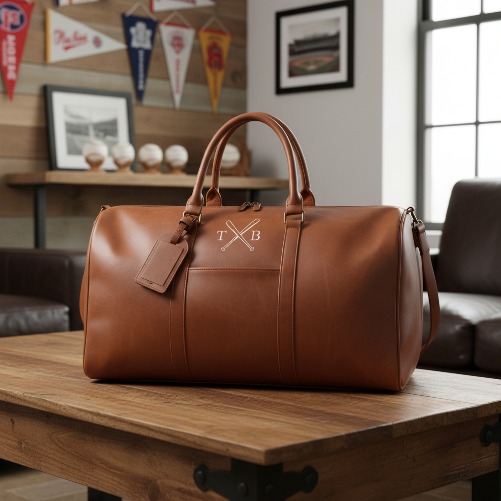 Brown leather duffel bag with 'T&amp;B' logo on a wooden table in a room with sports memorabilia.