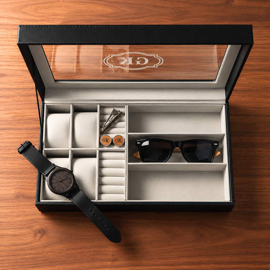 An open black watch box with a clear lid, displayed on a wooden surface. The box contains multiple compartments, including a watch slot, ring holder, coin compartment, and a sunglasses slot.