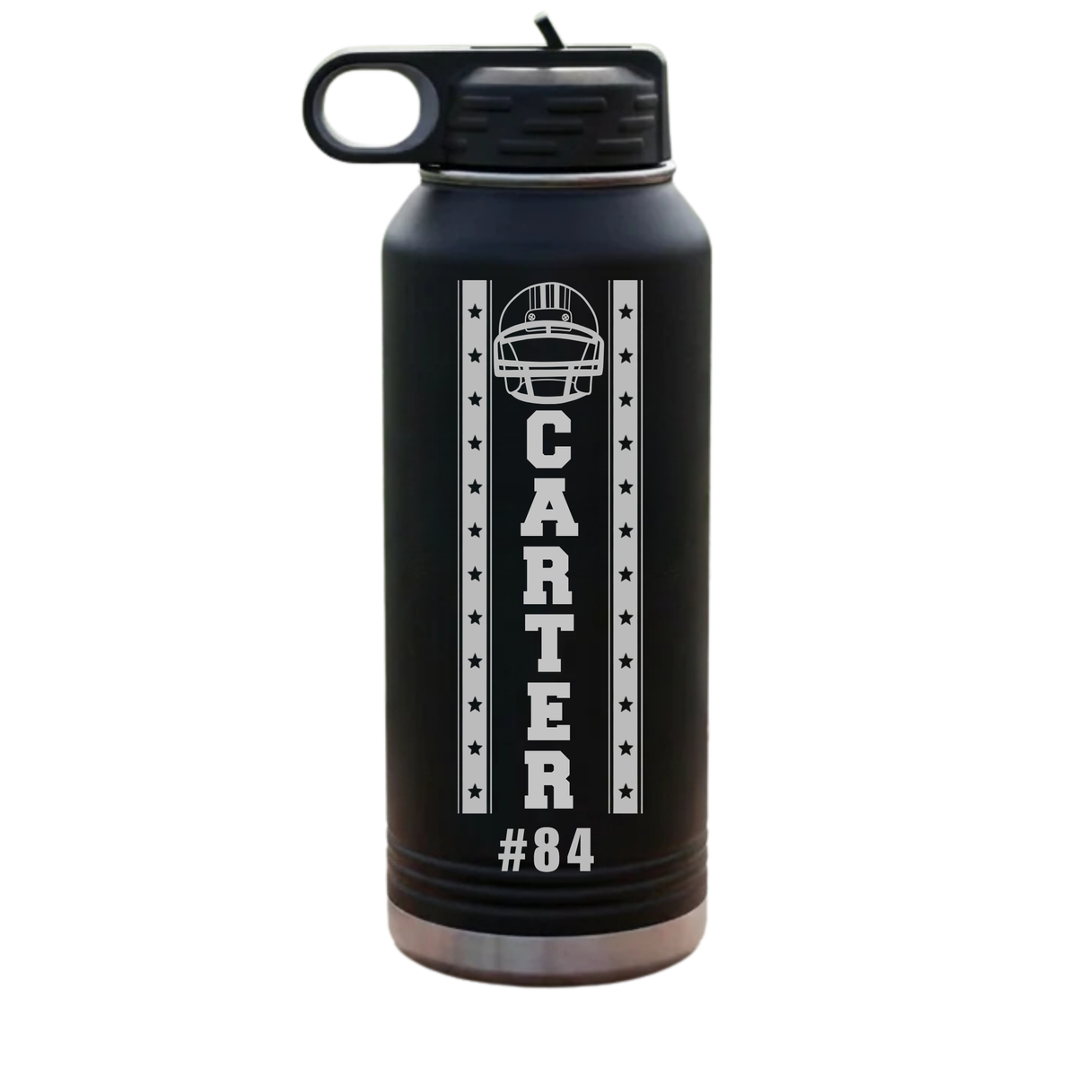 Personalized football groomsman water bottle engraved with the groomsman's name, a football groomsmen gift