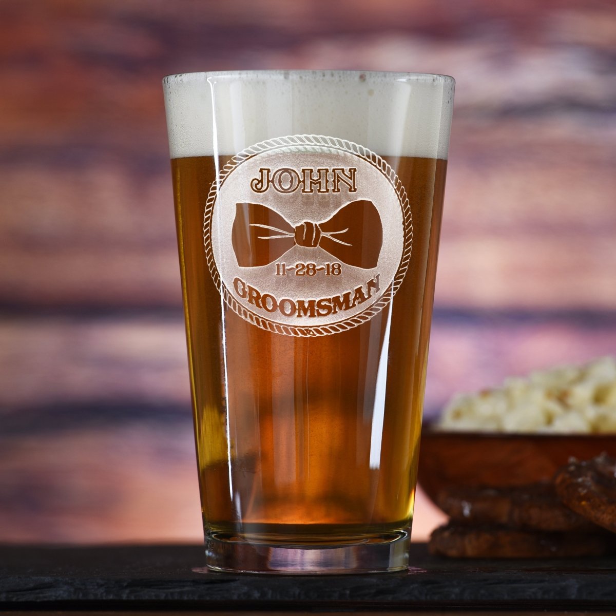Unique Personalized Groomsmen Bowtie Beer Glass Customized pint glass Gifts for Men by Groovy Guy