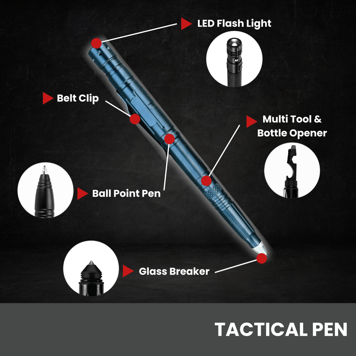 Engraved black multitool tactical pen with LED flashlight and survival tools