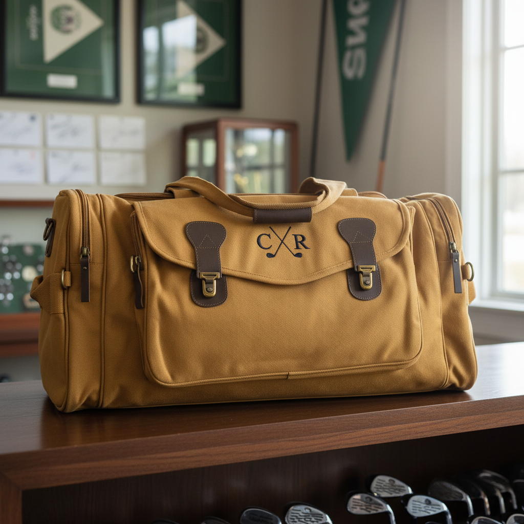 Brown duffel bag with monogram on a wooden surface, with sports-themed decor in the background.