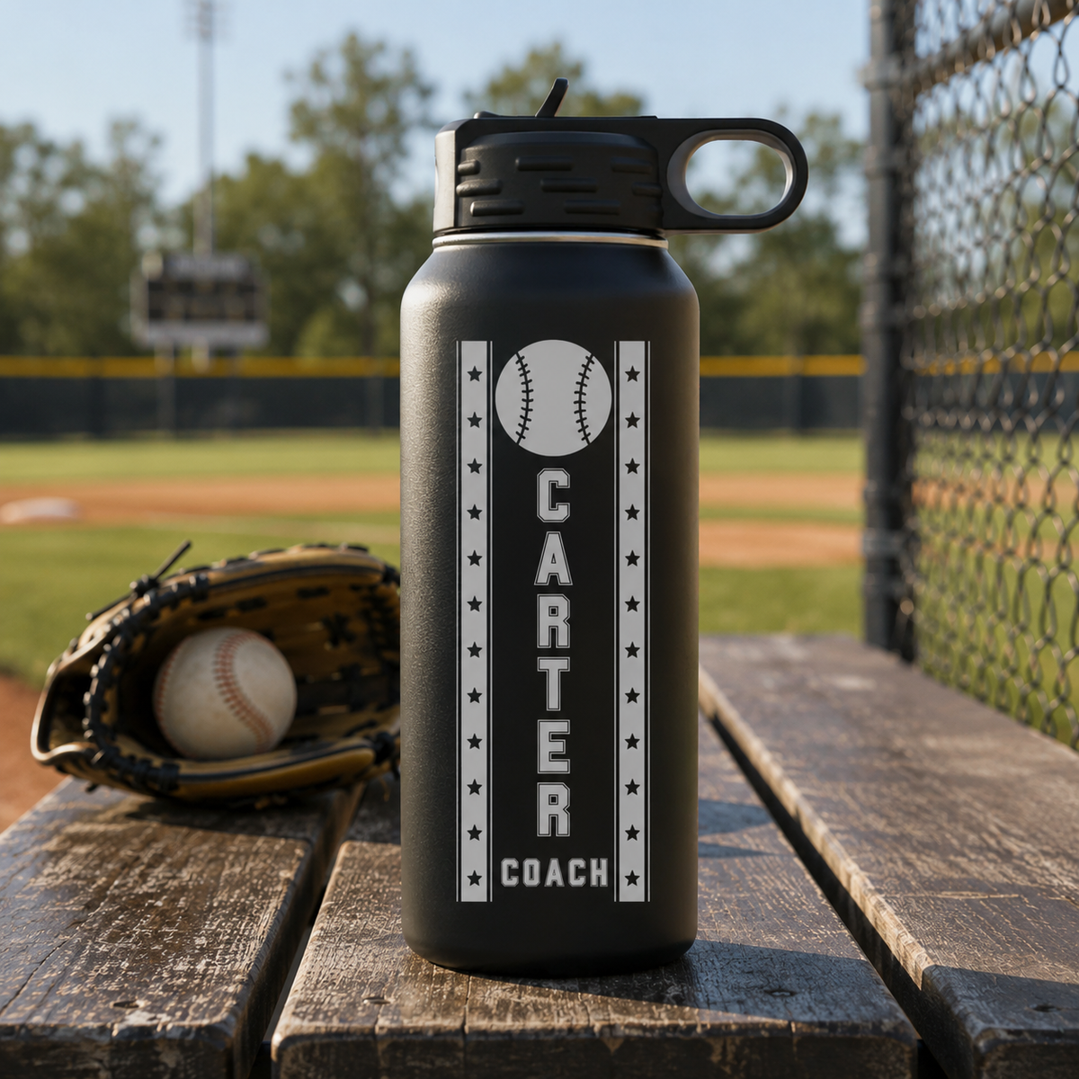 Personalized baseball groomsman water bottle engraved with the groomsman's name, a baseball groomsmen gift