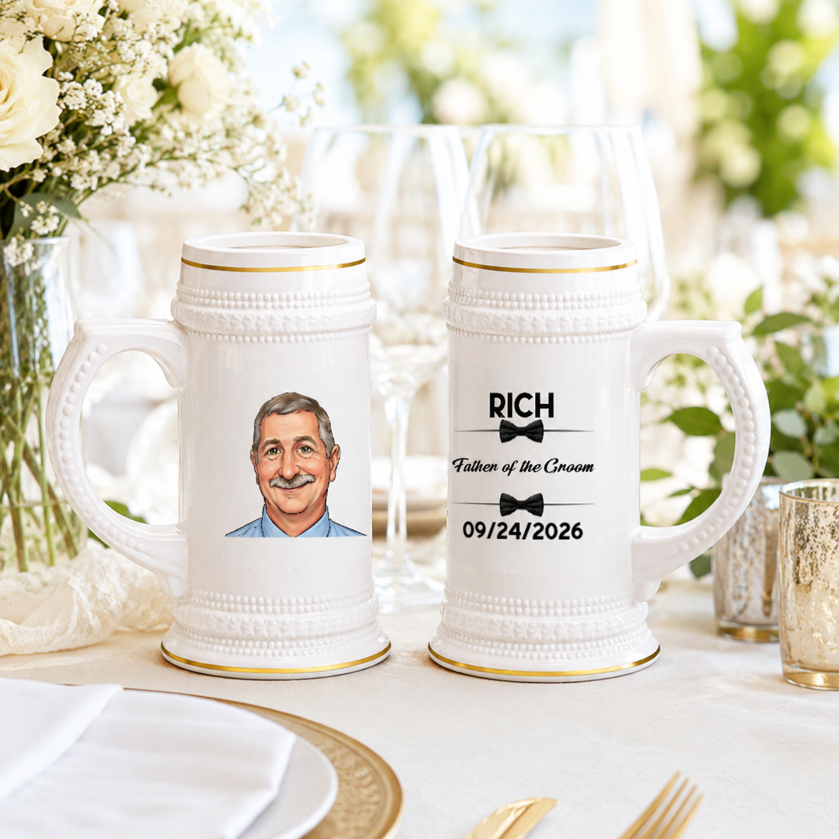 White ceramic beer stein with gold trim featuring a caricature portrait and sample personalization with name "Rich," title "Father of the Groom," and wedding date 09/24/2026, displayed on wedding table with flowers.