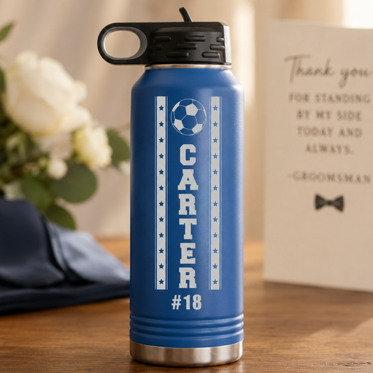 Blue insulated water bottle engraved with soccer ball design, "CARTER" text, and "#18" jersey number sample, black flip-top lid, displayed on wooden surface next to flowers