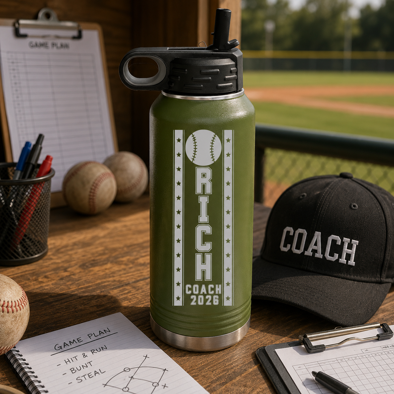 Personalized baseball groomsman water bottle engraved with the groomsman's name, a baseball groomsmen gift