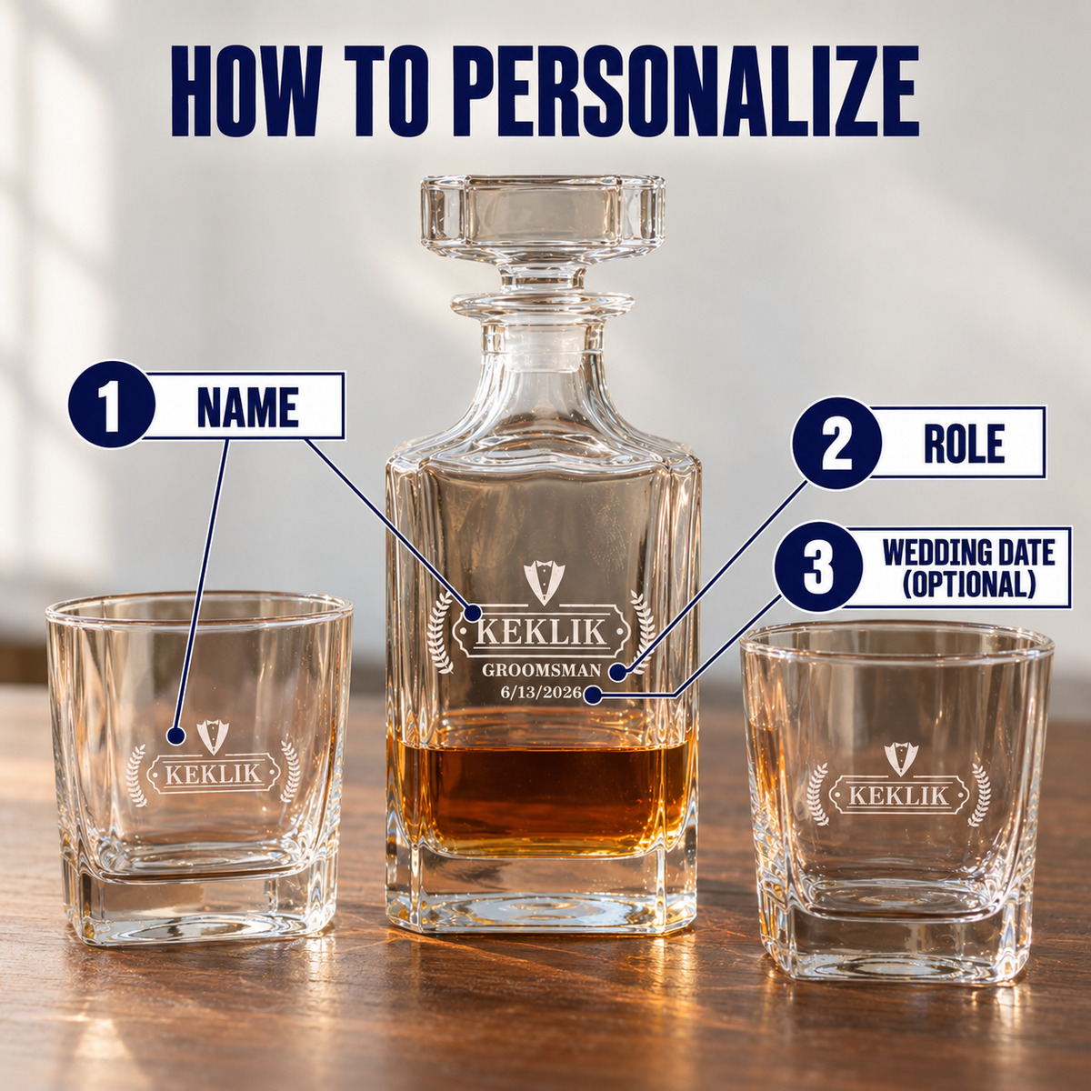 How to personalize the Pour Me One decanter set: numbered guide showing where the name, role and optional wedding date are engraved on the decanter and glasses