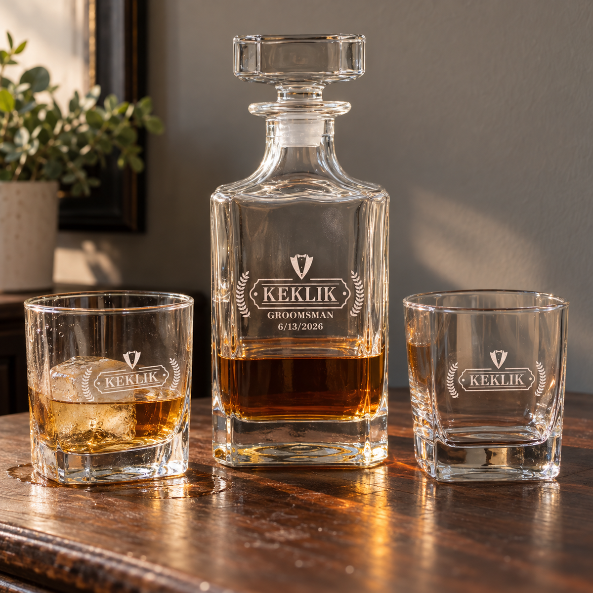 Pour Me One square glass decanter with bourbon between two rocks glasses, frosted etching of KEKLIK, GROOMSMAN and 6/13/2026 under a tuxedo emblem