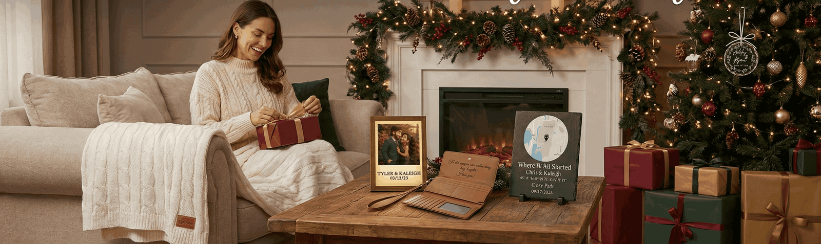 Woman sitting on a couch with Christmas gifts and decorations, including a tree and fireplace. Christmas Gifts for Wife