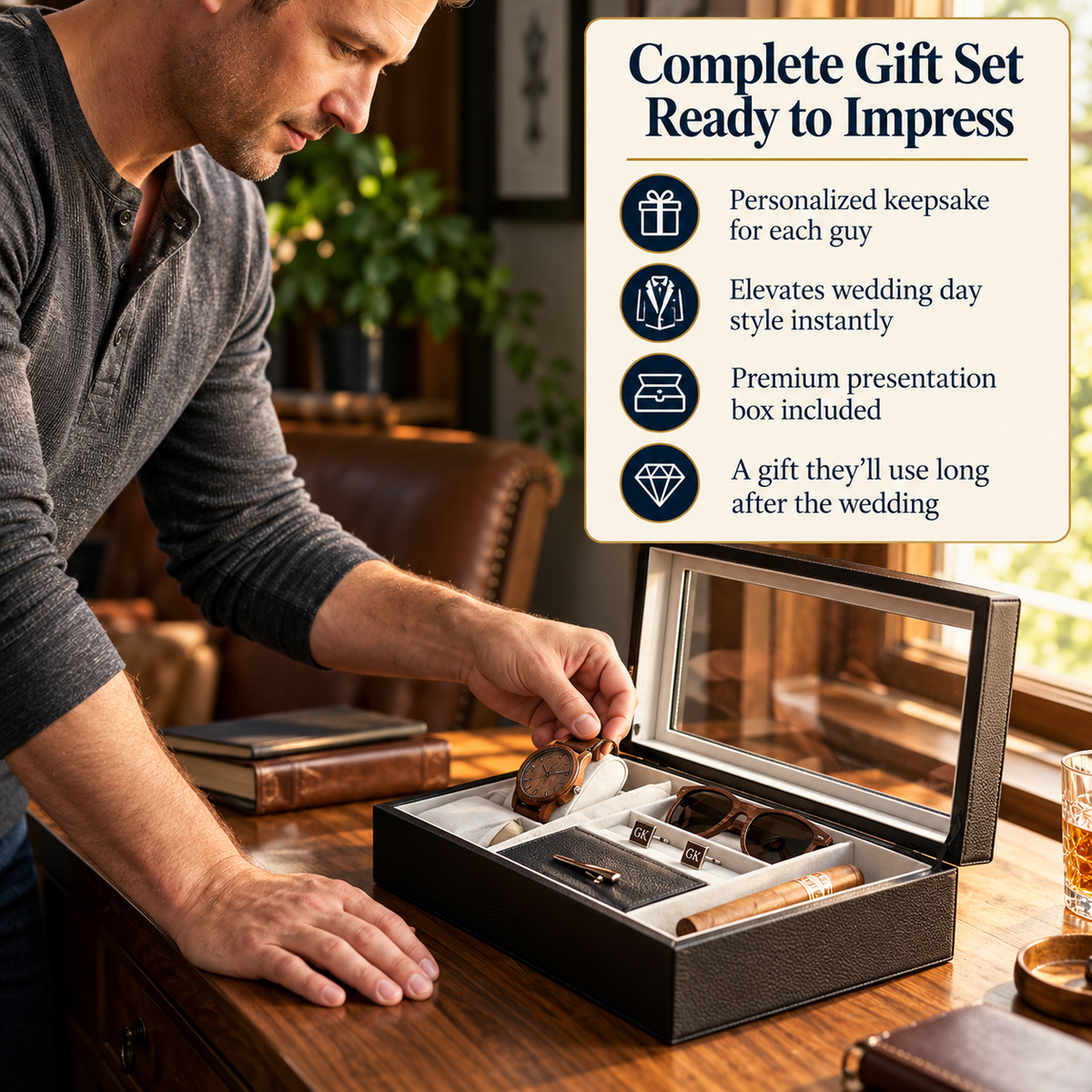 A man in a gray shirt opens a black presentation box on a wooden table, placing a small keepsake inside. The box contains engraved jewelry and accessories.