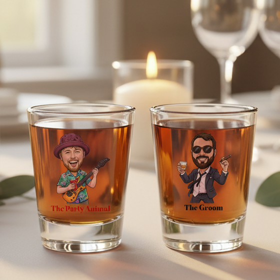 Two shot glasses with printed faces on a table with candles and flowers