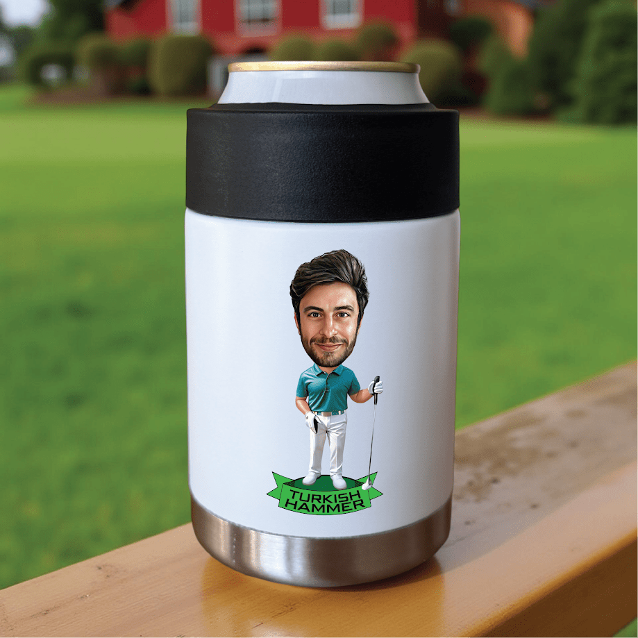  insulated drink container with a graphic of a man holding a golf club on a grassy background