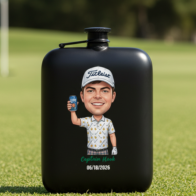 Black flask with a caricature of a man holding a beer and 'Titleist' cap on a grassy background