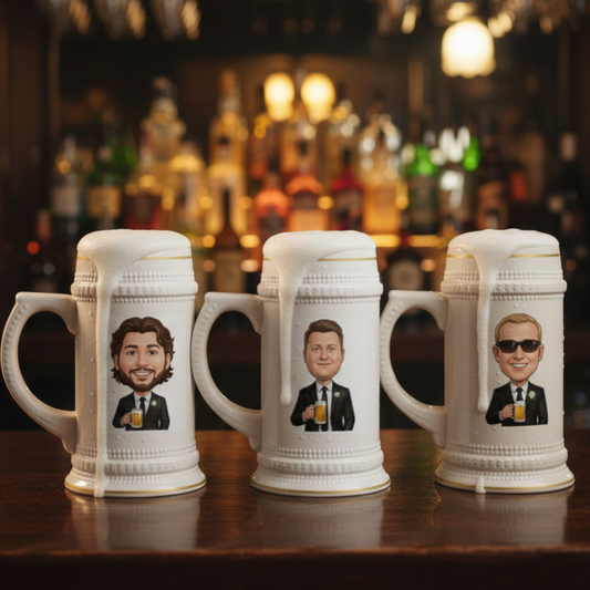 Three white ceramic steins with personalized portraits on a bar counter.