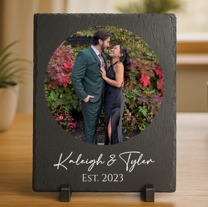 Personalized slate picture frame with circular photo and custom text for men