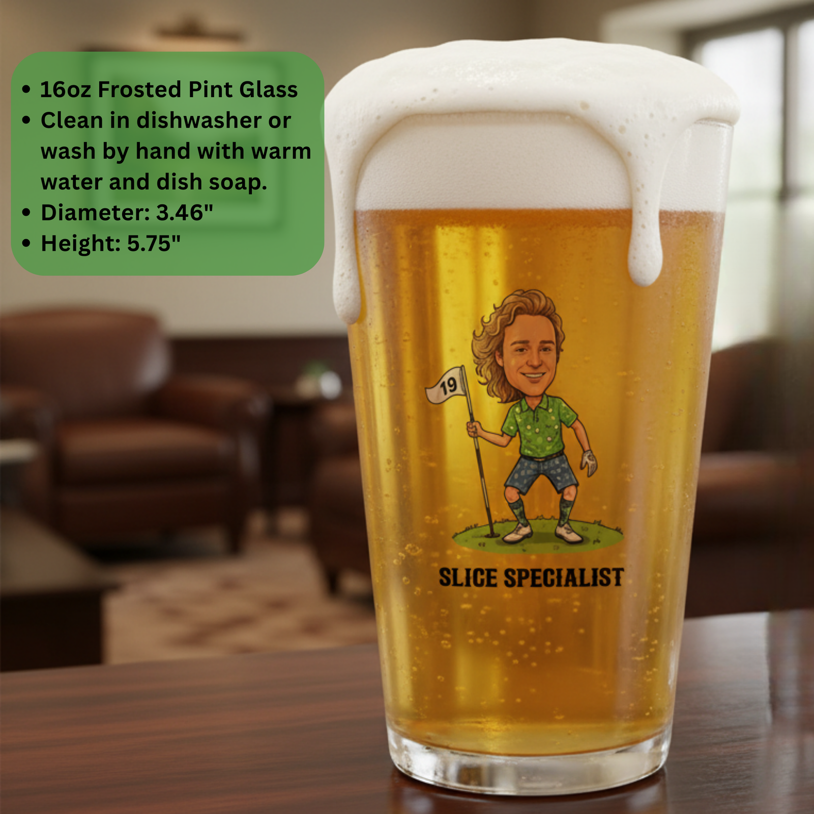 Frosted 16oz pint glass filled with beer, personalized with sample illustration of golfer holding flag marked "19" wearing green shirt and text "SLICE SPECIALIST