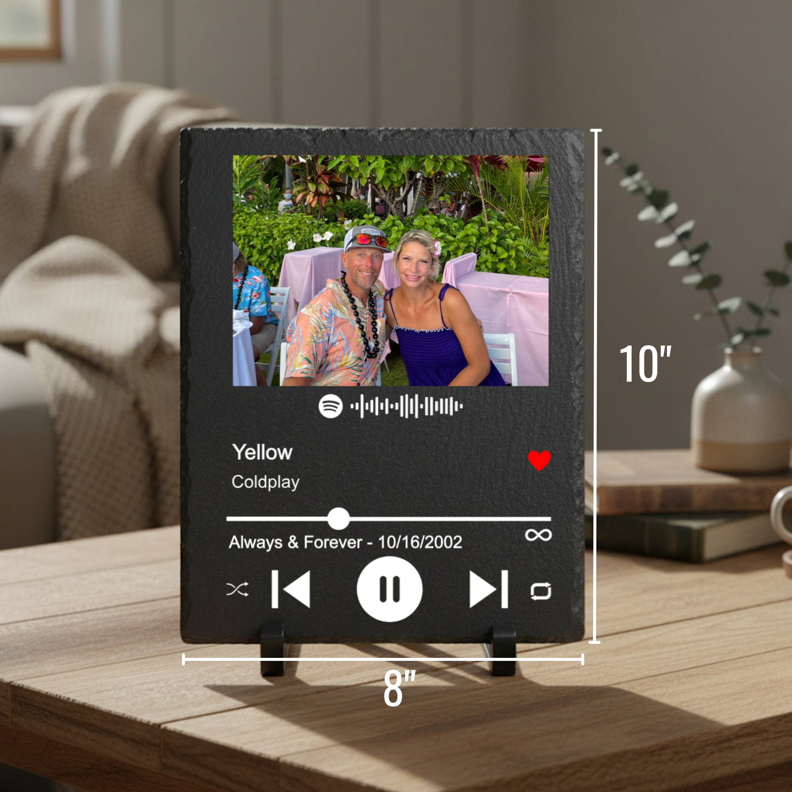 Black slate plaque displaying a custom photo with Spotify music player interface, showing sample song "Yellow" by Coldplay and date "Always & Forever - 10/16/2002