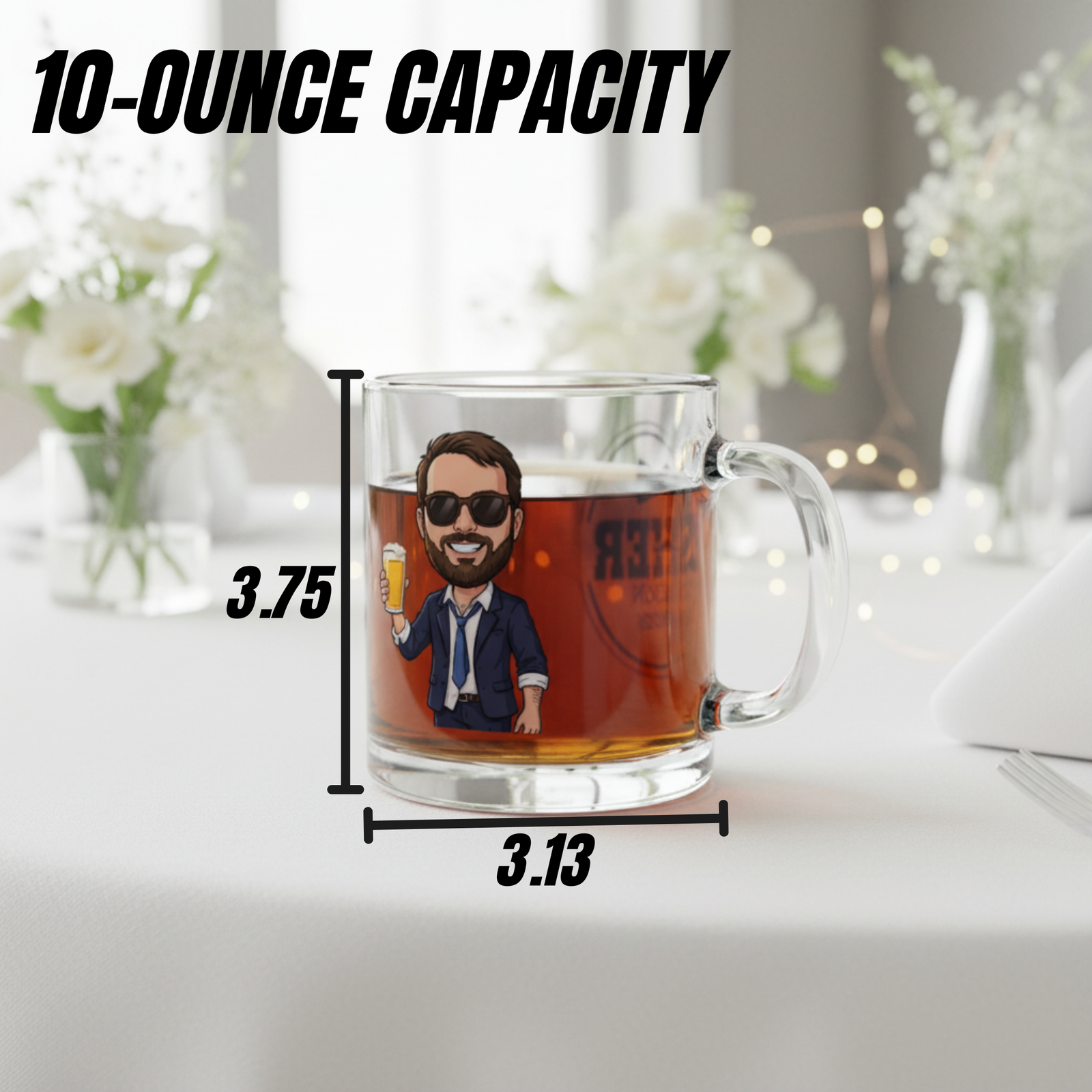 Glass coffee mug with 10-ounce capacity filled with amber liquid, displaying sample caricature illustration of man in sunglasses and blazer holding drink, dimensions marked as 3.75 inches tall by 3.13 inches wide