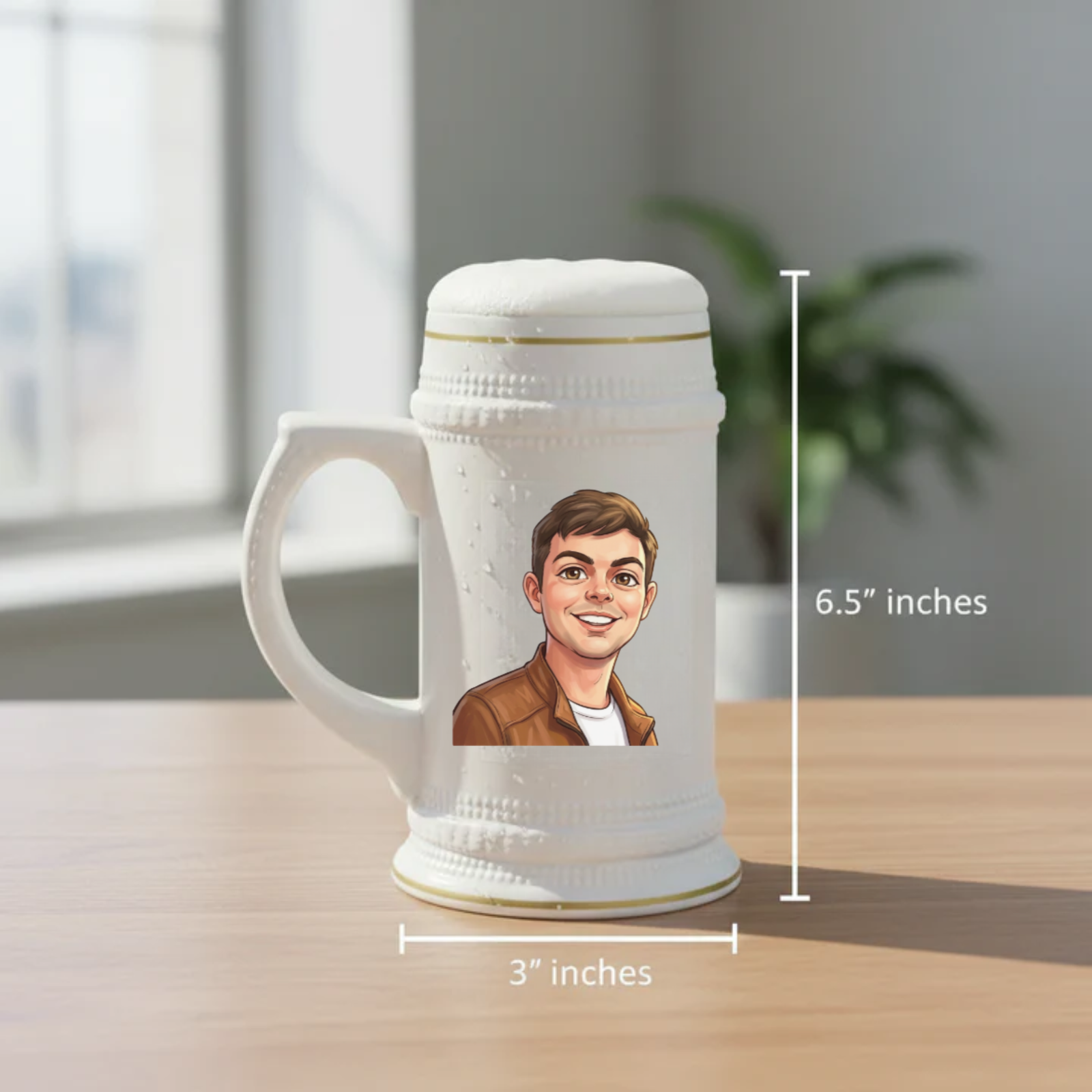 White ceramic beer stein with gold trim featuring a custom caricature portrait of a man in a brown jacket, shown with dimensions of 3 inches wide by 6.5 inches tall.