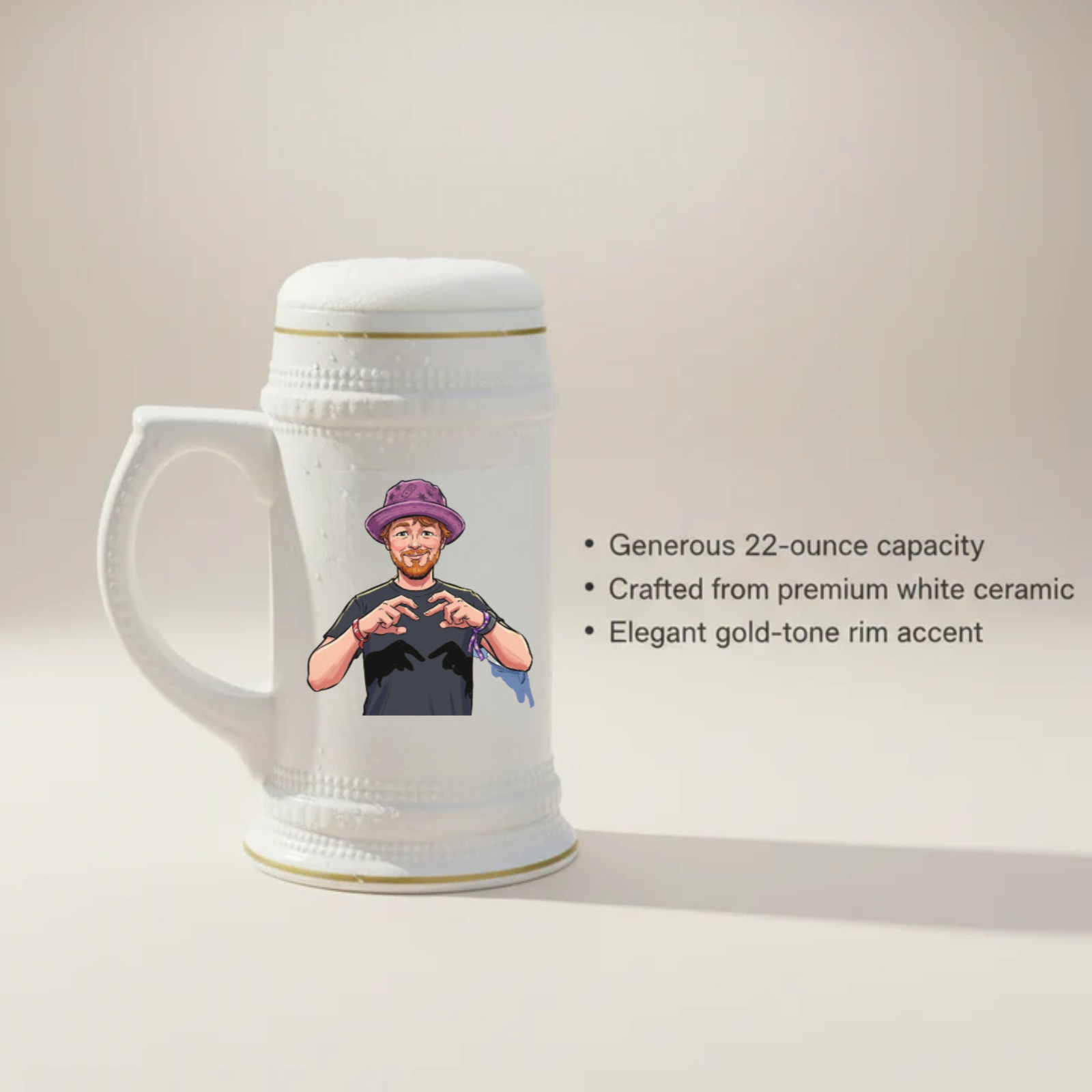 White ceramic beer stein with gold-tone rim and custom caricature illustration of a man wearing a purple hat and black shirt on the front surface.