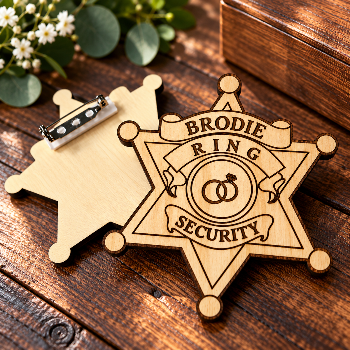 A wooden sheriff's badge-shaped brooch with engraved text reading 'BRODIE RING SECURITY' and two interlocking rings, shown alongside the back of a matching wooden badge on a rustic dark wood surface with small white flowers in the corner.