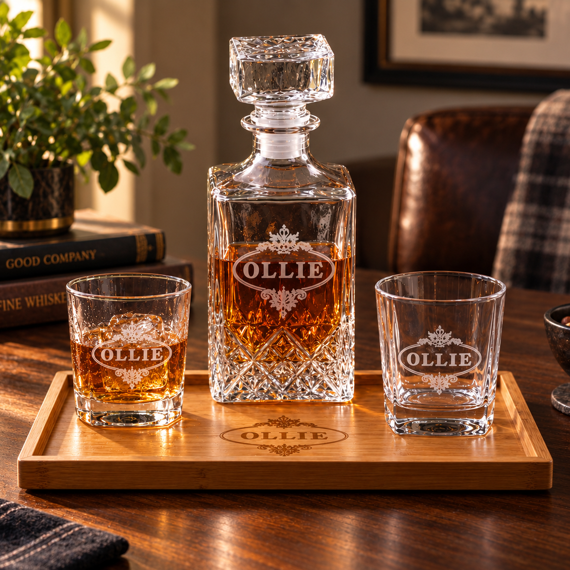 A personalized whiskey decanter and two matching rocks glasses engraved with the name 'OLLIE' and a crown, displayed on a wooden tray on a dark wood table in a cozy living room setting.
