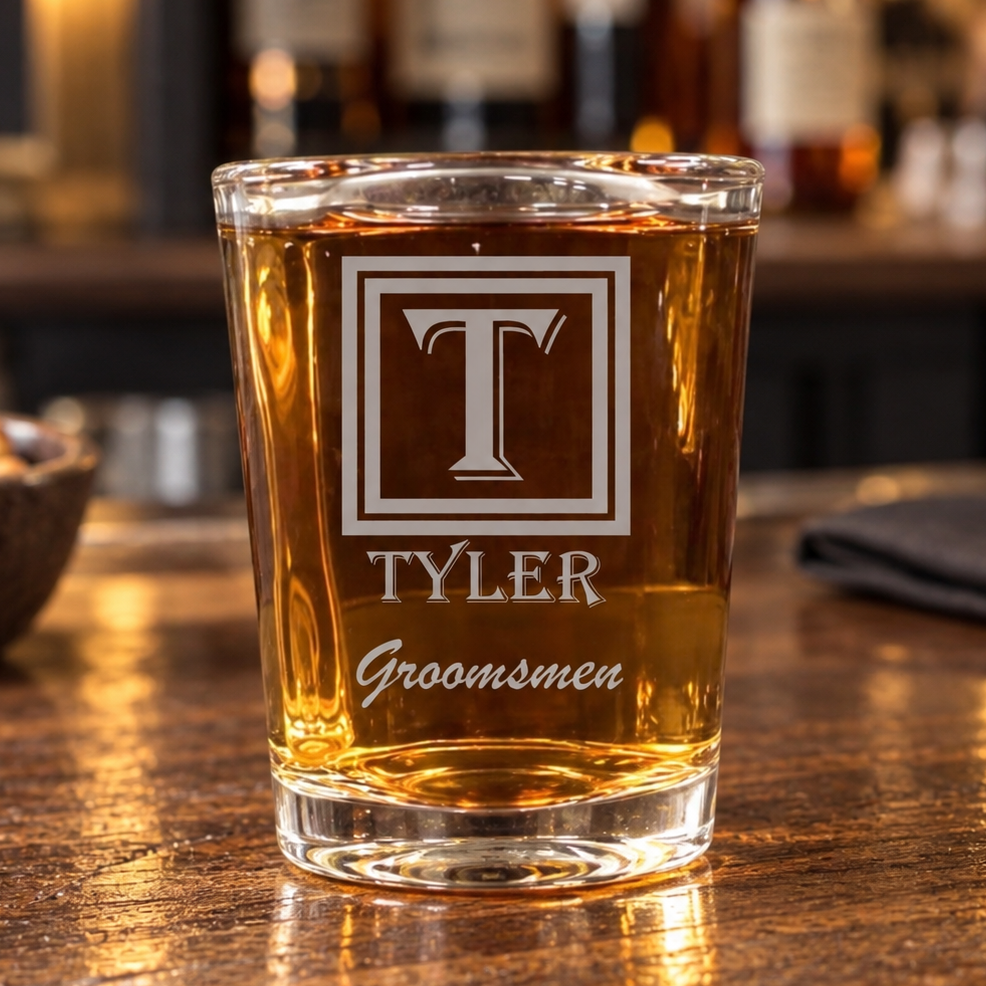 A clear engraved whiskey tumbler glass filled with amber liquor, placed on a wooden bar counter in a bar setting. The glass features an etched monogram 'T' in a square border, the name 'TYLER', and 'Groomsman'.