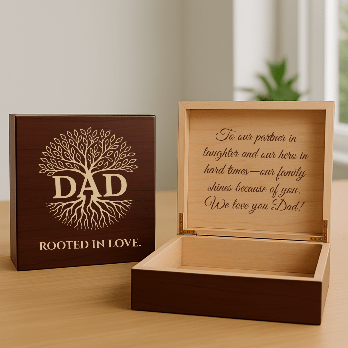 Personalized wooden keepsake box for dad with engraved tree and heartfelt message