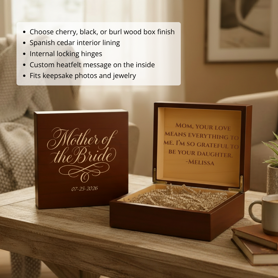 Two dark wood keepsake boxes displayed on a table, one closed with engraved "Mother of the Bride" text and date, the other open showing cedar interior lining and sample personalized message to "Melissa" on the lid.