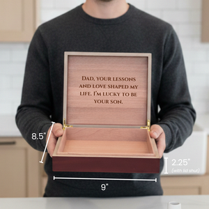 Wooden keepsake box with engraved sample message 