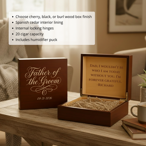 Dark cherry wood cigar box engraved with sample text 
