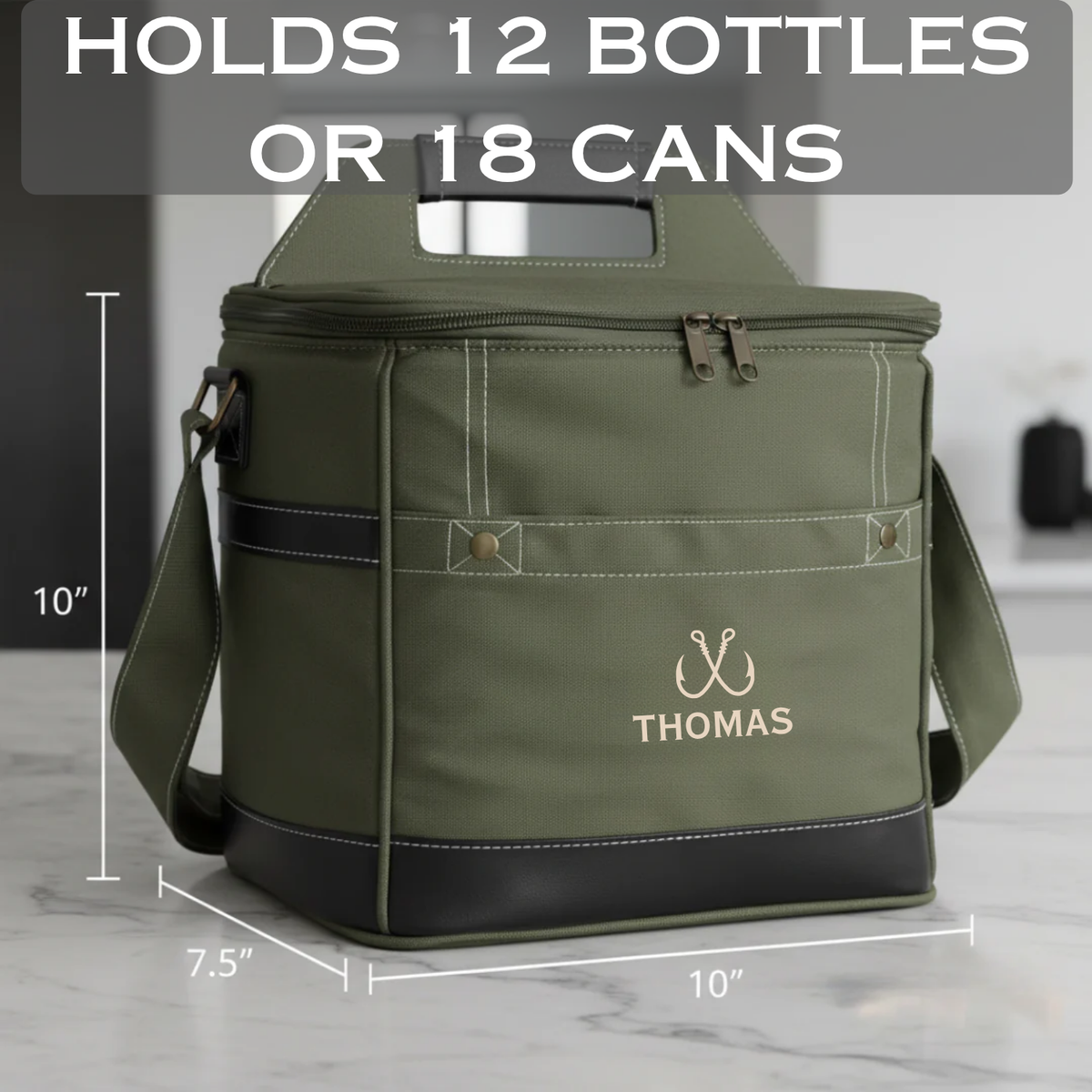 Sage green and black cooler bag with sample engraving "THOMAS" and fishing hook logo, 10 inches tall, holds 12 bottles or 18 cans