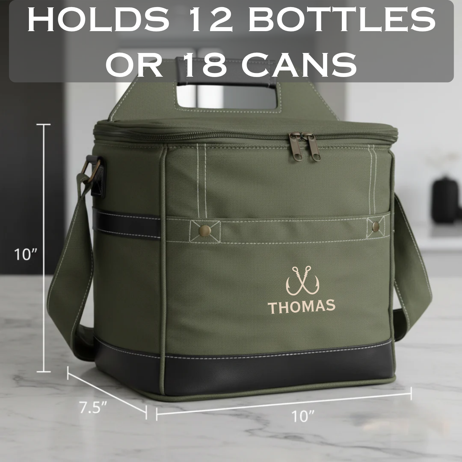 Sage green and black cooler bag with sample engraving "THOMAS" and fishing hook logo, 10 inches tall, holds 12 bottles or 18 cans