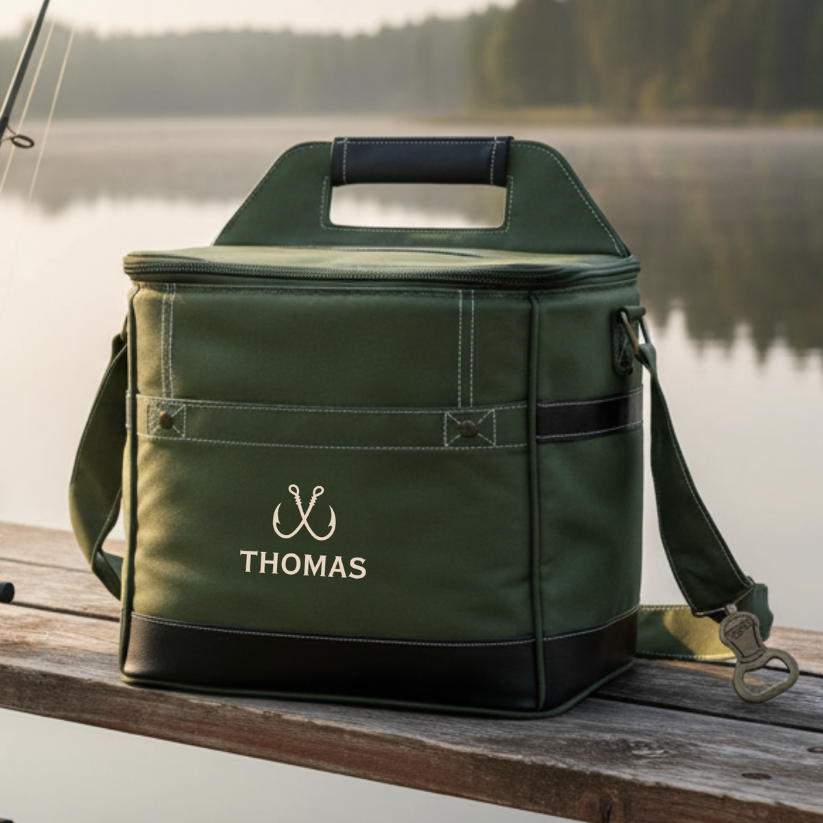 Green and black insulated cooler with sample name "THOMAS" and fishing hook emblem, positioned on wooden dock beside calm water