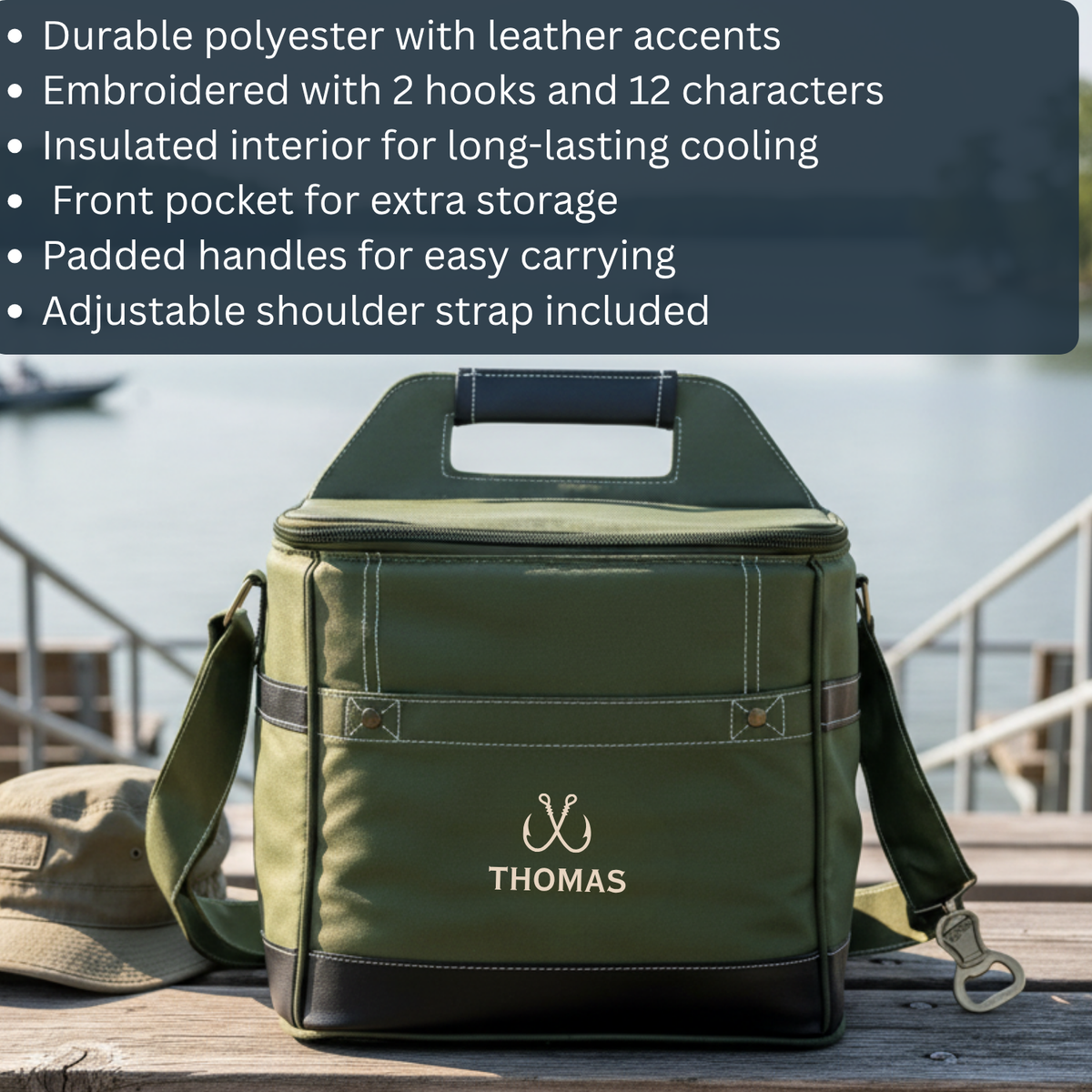 Green and tan insulated cooler with leather accents and sample embroidered name "THOMAS" on front, padded handles, and adjustable shoulder strap