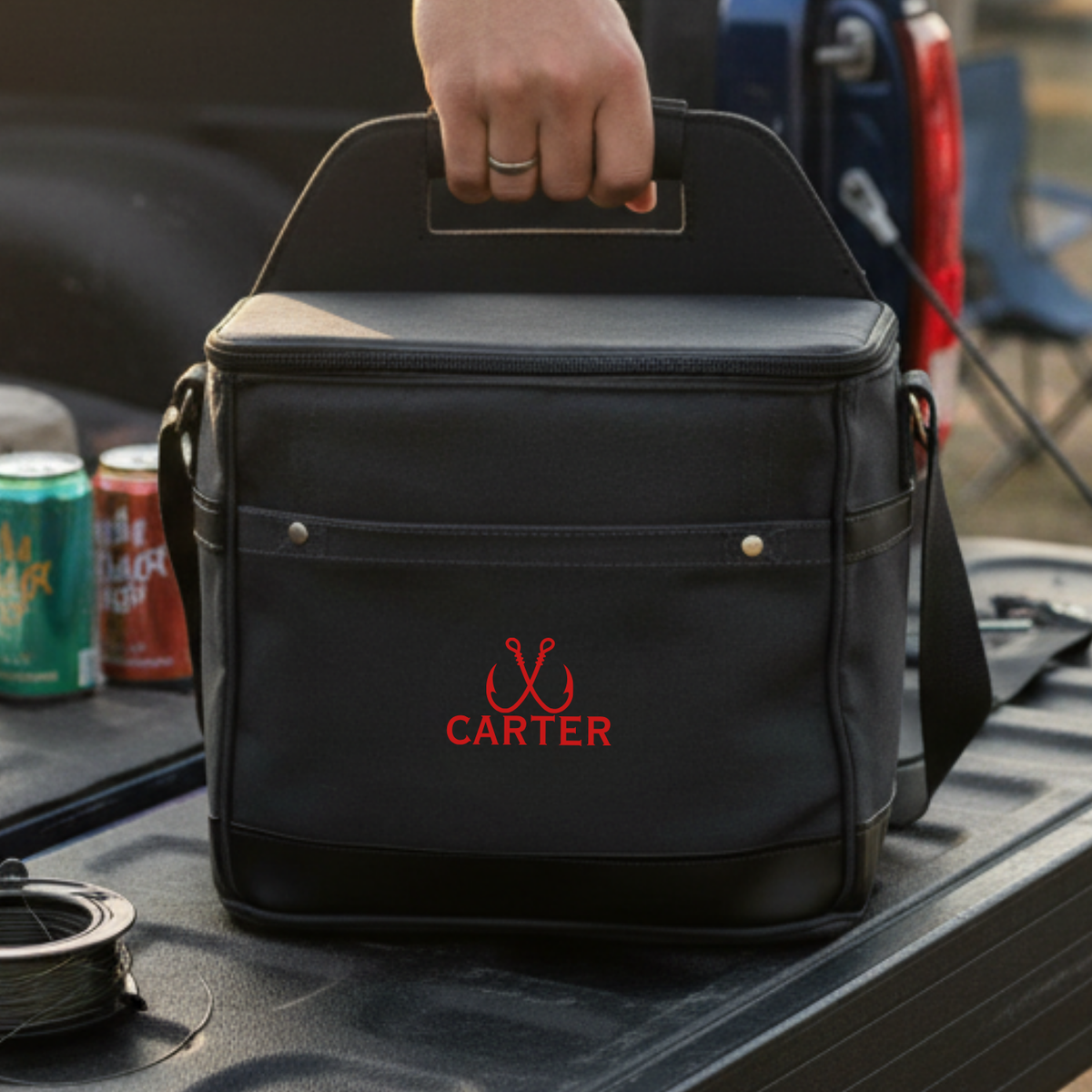 Black insulated cooler with red sample personalization reading "CARTER" and fish hook logo, held by hand in tailgate setting with beverages nearby.