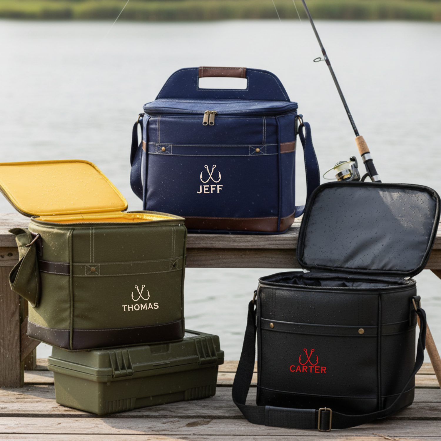 Three insulated coolers with sample personalization displaying "THOMAS," "JEFF," and "CARTER" positioned on a dock with fishing rod and tackle box.