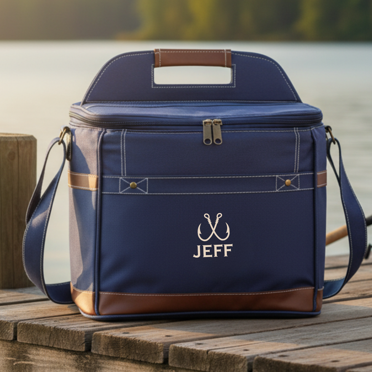 Navy cooler with brown leather accents and personalization sample showing "JEFF" with fishing hook design on front