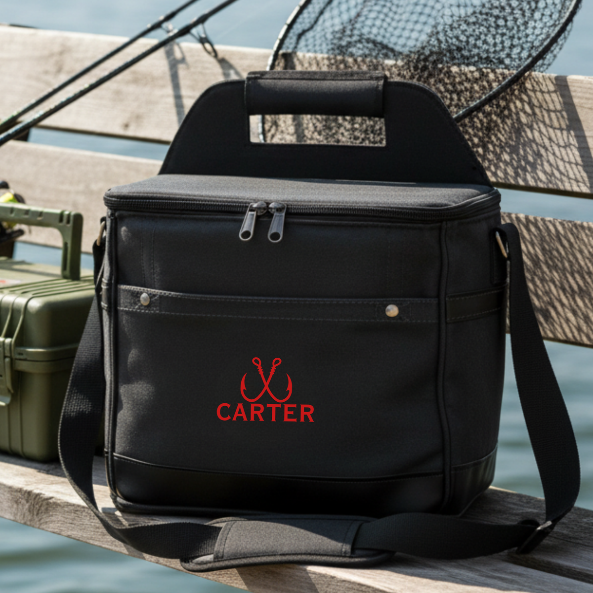Black cooler bag with sample name "CARTER" embroidered in red, featuring shoulder strap and handles, displayed on dock with fishing equipment.