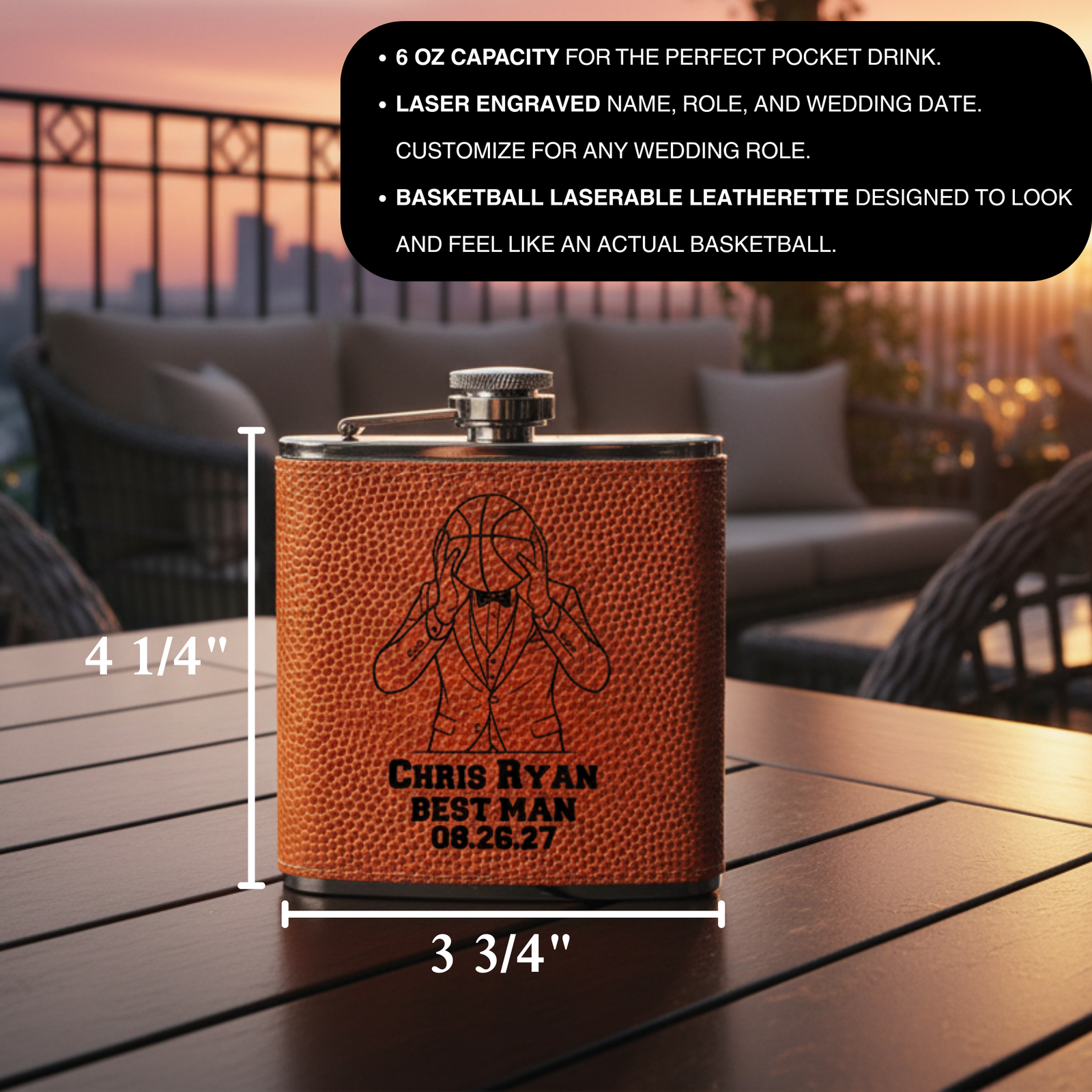 Basketball-textured flask with laser-engraved sample personalization showing "Chris Ryan Best Man 08.26.27" and basketball player illustration, displayed on outdoor table