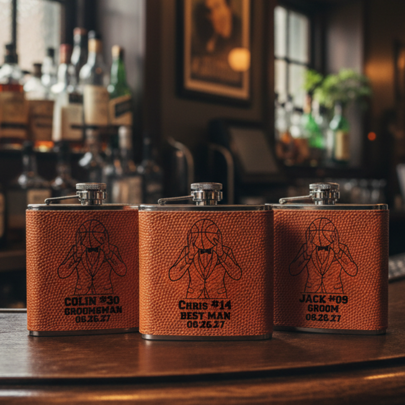 Three tan leatherette flasks with basketball player design, each personalized with sample names Colin, Chris, and Jack with titles and date 08.26.27