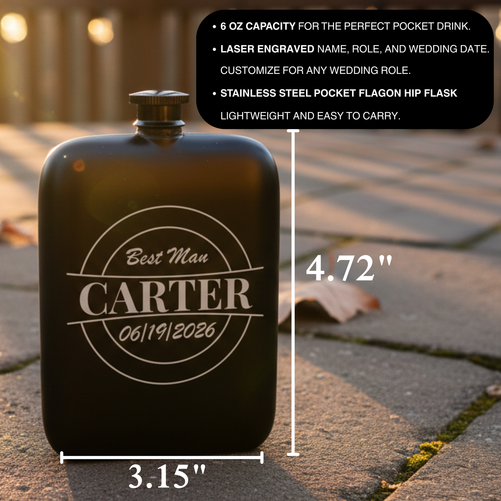 Black stainless steel hip flask with laser-engraved sample personalization reading "Best Man CARTER" with circular design and date "06/19/2026", shown with dimensions 3.15" wide by 4.72" tall.