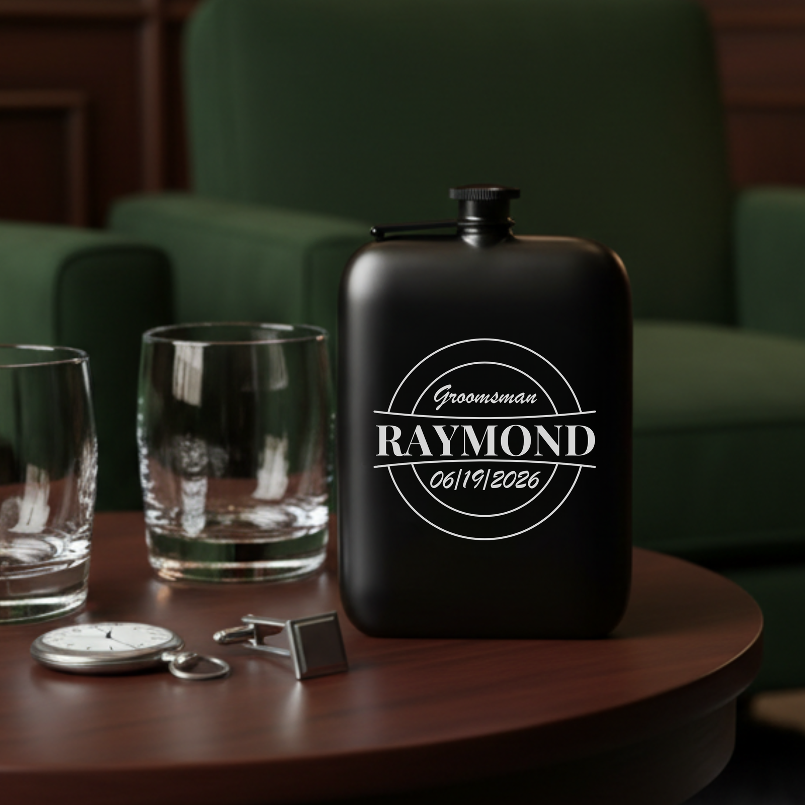 Black stainless steel flask engraved with sample design "Groomsman RAYMOND 06/19/2026" in circular badge style, displayed on wood table with whiskey glasses and cufflinks.